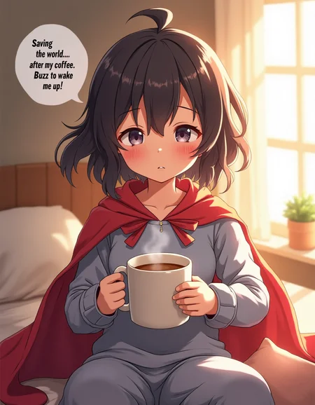 (masterpiece), best quality, sleepy anime girl with messy bedhead, wearing a superhero cape draped over her pajamas, holding an oversized coffee mug with steam rising, half-open eyes, slightly drowsy expression, speech bubble saying: "Saving the world… after my coffee. Buzz to wake me up!", cozy indoor setting, warm morning light, relaxed and slightly humorous vibe, capturing her half-awake determination