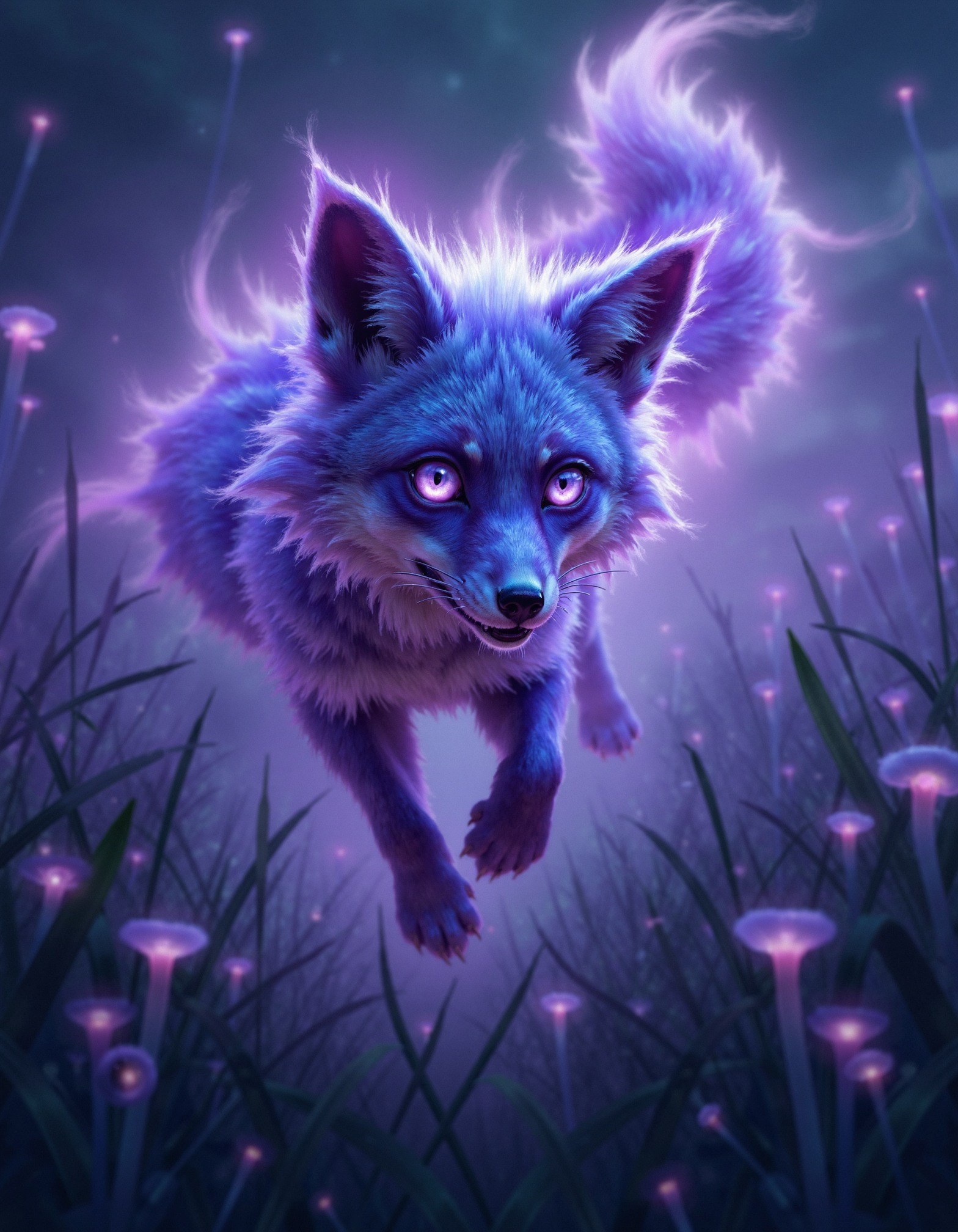 zavy-ghst, Extreme macro close-up shot, a luminescent fox ghost with swirling mists and shimmering edges, playfully darting between the blades of glowing emerald grass, illuminated by ethereal moonlight filtering through a canopy of bioluminescent fungi, surreal fantasy photographic style, vibrant purples and deep blues with hints of radiant green.