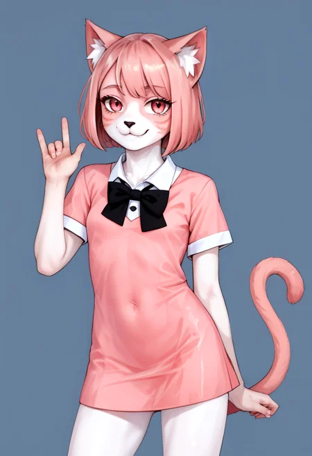 score_9, score_8_up, score_7_up, score_6_up, score_5_up, score_4_up, source_furry, sharp focus, high contrast, artistic
(pencil drawing)
BREAK
1girl, solo, looking at viewer, confident smile, short sleeves, small dress, closed mouth, standing, tail, hand up, bowtie, pink dress, furry, cat girl, furry female
BREAK
<lora:MomisanP:1>, MomisanP