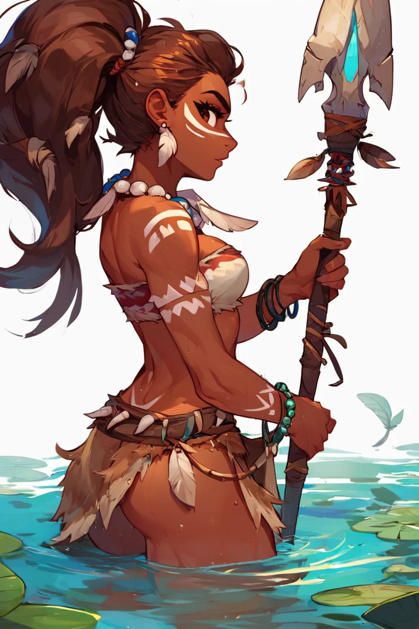 score_9, score_8_up, score_8, medium breasts, zzSavage, (curvy), cute, eyelashes, zzSavage, 1girl, solo, brown hair, hair ornament, white background, holding, brown eyes, jewelry, ponytail, weapon, earrings, dark skin, water, holding weapon, bracelet, dark-skinned female, profile, facial mark, feathers, polearm, wading, beads, spear, tube top, facepaint, holding polearm, loincloth, weapon over shoulder, bone necklace, tribal, solo, looking at viewer, cowboy shot, <lora:Savage_P1:0.8>,