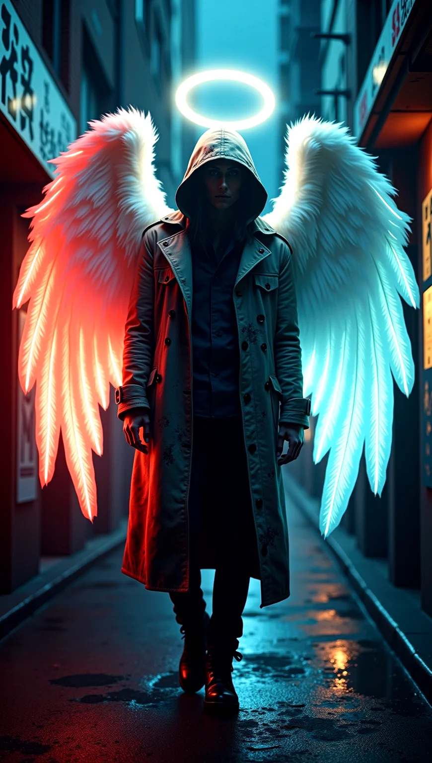 a mysterious angelic figure standing in a dark urban alley, adorned with ethereal angel wings that glow with a gradient of red, white, and blue, each feather catching the light in a different way. The figure is cloaked in a heavily detailed, graffiti-splattered trench coat, with a hood that casts a deep shadow over their face. The scene is illuminated by neon lights reflecting off wet pavement, with the figure's halo casting a soft, warm glow. The background is filled with intricate urban textures—cracked walls, faded posters, and distant city lights. Ultra-detailed textures, dynamic lighting with high contrast, cinematic framing.
cinematic scene, cinematic lighting, intricate detail skin and facial texture, lifelike expression, accurate character design, dynamic pose, interesting and complex background details, complex dynamic pose,