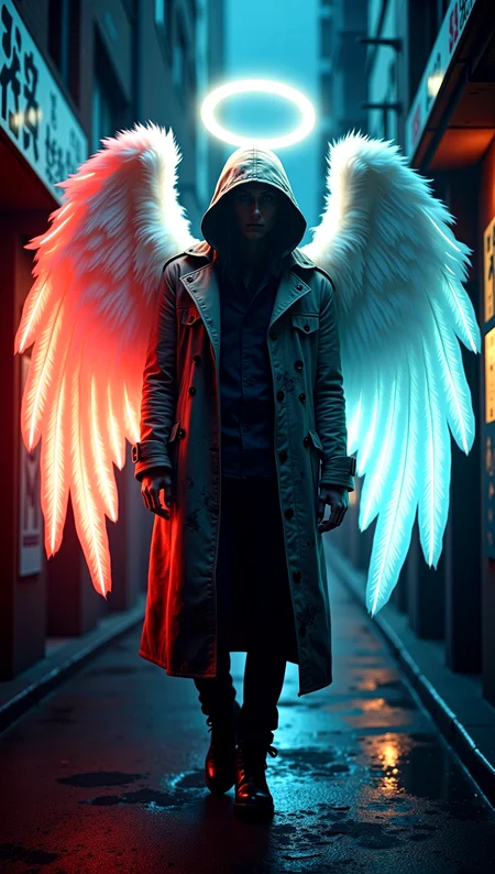 a mysterious angelic figure standing in a dark urban alley, adorned with ethereal angel wings that glow with a gradient of red, white, and blue, each feather catching the light in a different way. The figure is cloaked in a heavily detailed, graffiti-splattered trench coat, with a hood that casts a deep shadow over their face. The scene is illuminated by neon lights reflecting off wet pavement, with the figure's halo casting a soft, warm glow. The background is filled with intricate urban textures—cracked walls, faded posters, and distant city lights. Ultra-detailed textures, dynamic lighting with high contrast, cinematic framing.
cinematic scene, cinematic lighting, intricate detail skin and facial texture, lifelike expression, accurate character design, dynamic pose, interesting and complex background details, complex dynamic pose,
