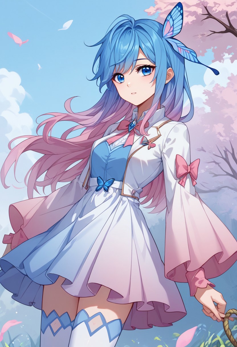 score_9, score_8_up, score_7_up, score_6_up, source_anime, Wang dong'er, blue eyes, gradient hair, blue hair, pink hair, butterfly hair ornament, pink bow, long sleeves, white dress, blue dress, blue skirt, white thighhighs, jacket