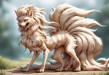safe_pos, score_9, score_8_up, score_7_up,depth of field, ambient occlusion, bokeh, cel shading, black illustration lines, canine mouth, sharp teeth, detailed fur, fluffy,tuft cinematic lighting, cartoon, (feral:1.5) Ninetales, source_pokemon, 1girl((feral ninetales), ninetales, furry female, female, fangs, petite, amber eyes, beige fur, graceful body, elegantly posture, outdoors, full body