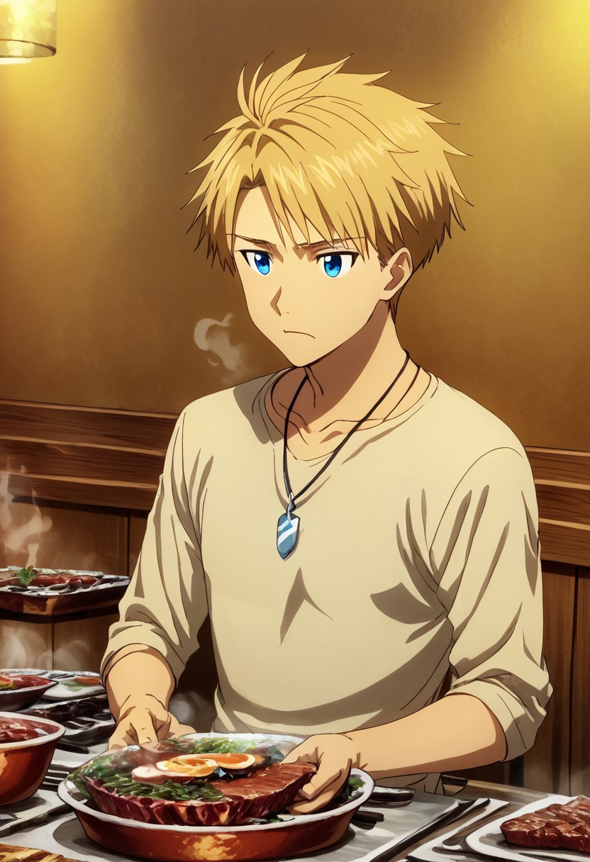 high resolution, solo, best quality, 1Boy, Yamato Ishida, Blonde Hair, Blue Eyes, Necklace, Cutting steak, precise, dinner, satisfaction,