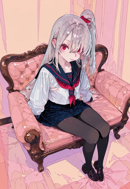 masterpiece, best quality, amazing quality,

simple pastel color background, full body, ((from above)),

1girl, solo, silver hair, long hair, side ponytail, looking at viewer, pale skin, red eyes, hair over one eye, 

natural lips, detailed eyes, 
sitting on expensive victorian couch, black loafers, sailor's uniform, black tights, tip toes,

thick eyelashes, long eyelashes, tareme, dynamic perspective,
fl4t, ligne claire, c/o/g/e/c/h/a,