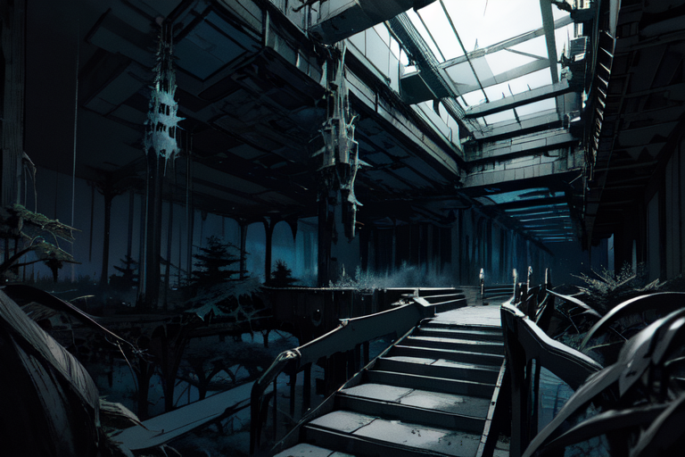 highly insanely detailed, masterpiece, top quality, best quality, highres, 4k, 8k, RAW photo, (very aesthetic, beautiful and aesthetic),  
tsutomu nihei,nihei_tsutomu,blame!,blame gakuen!,abara,TNstyle,sidonia_no_kishi,(tower,stairs,tunnel,mausoleum),air conditioner,dark sky,black sky,letterboxed,star \(sky\),starry sky,dome,futuristic,blm,dystopia,destroyed,empty,vast scenery,perspective,science fiction, 
<lora:blameLora_v10:0.8>, 
(1girl:1.3), 
solo focus, 
large forest,enchanting forest,dense forest,lush forest,tall trees,canopy,overgrown scenery,âââ