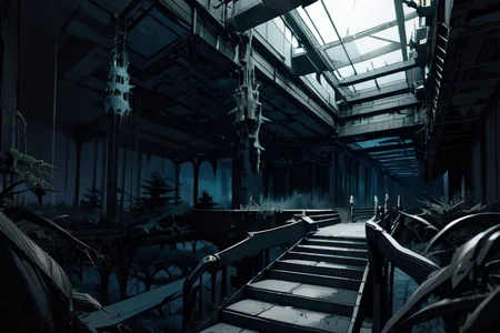 highly insanely detailed, masterpiece, top quality, best quality, highres, 4k, 8k, RAW photo, (very aesthetic, beautiful and aesthetic),
tsutomu nihei,nihei_tsutomu,blame!,blame gakuen!,abara,TNstyle,sidonia_no_kishi,(tower,stairs,tunnel,mausoleum),air conditioner,dark sky,black sky,letterboxed,star \(sky\),starry sky,dome,futuristic,blm,dystopia,destroyed,empty,vast scenery,perspective,science fiction,
<lora:blameLora_v10:0.8>,
(1girl:1.3),
solo focus,
large forest,enchanting forest,dense forest,lush forest,tall trees,canopy,overgrown scenery,âââ