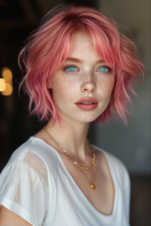 1girl,solo,bellissima, short hair,blue eyes,shirt,jewelry,collarbone,upper body,pink hair,parted lips,teeth,necklace,blurry,lips,looking to the side,blurry background,portrait,freckles,realistic