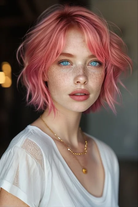 1girl,solo,bellissima, short hair,blue eyes,shirt,jewelry,collarbone,upper body,pink hair,parted lips,teeth,necklace,blurry,lips,looking to the side,blurry background,portrait,freckles,realistic