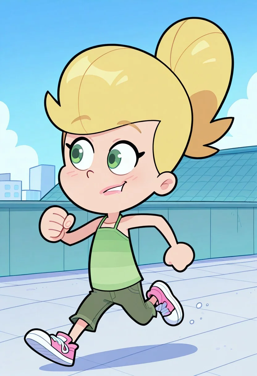 official art, masterpiece, best quality, absurdres, 1girl, solo, female focus, FoP_S, CAV_JN, green eyes, blonde hair, ponytail, high ponytail, center-flap bangs, asymmetrical bangs, CAV_TDef, halter shirt, sleeveless shirt, striped shirt, green shirt, jeans, green jeans, capri pants, pink footwear, sneakers, running, rooftop, parkour,