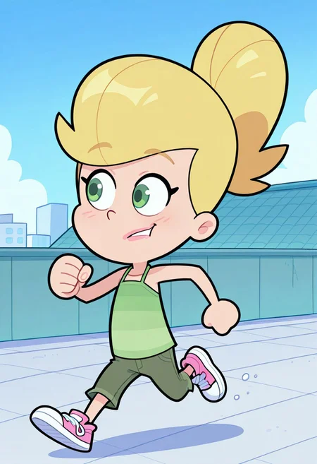 official art, masterpiece, best quality, absurdres, 1girl, solo, female focus, FoP_S, CAV_JN, green eyes, blonde hair, ponytail, high ponytail, center-flap bangs, asymmetrical bangs, CAV_TDef, halter shirt, sleeveless shirt, striped shirt, green shirt, jeans, green jeans, capri pants, pink footwear, sneakers, running, rooftop, parkour,