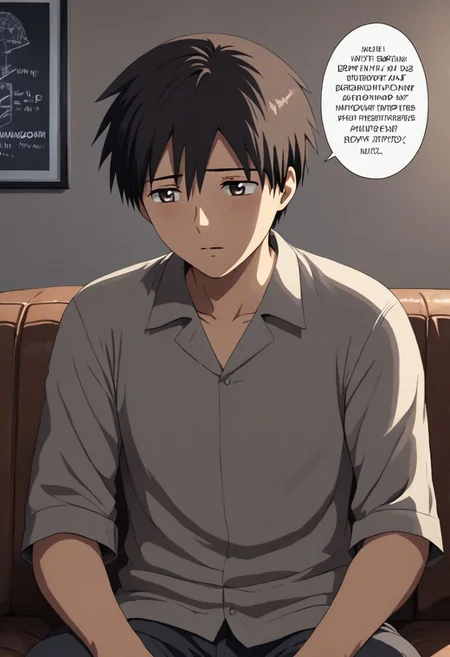 high resolution, solo, best quality, 1Boy, Takaki Toono, Brownish Hair, Brown Eyes, deep talk, depression, sit, couch, OverallDetail