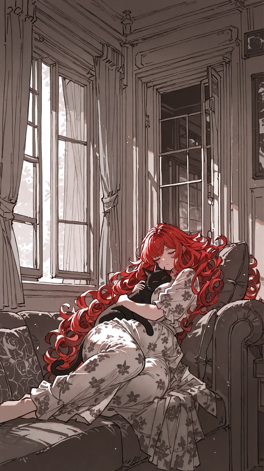 masterpiece, newest,absurdres,incredibly absurdres, best quality, amazing quality, very aesthetic, partially colored, muted color,
 1girl, couch, cuddling, 1 black cat, long red hair, curly hair, plump, curtains, open window, floral dress,
<lora:Haru579_IL:0.7> harust   <lora:Face_Enhancer_Illustrious:0.6>  <lora:[Cygames Mobage (Hideo Minaba Yuya Nagai Ryoji Ohara)] Granblue Fantasy Art Style Illustrious_1656091:1> granbluefantasysyleil