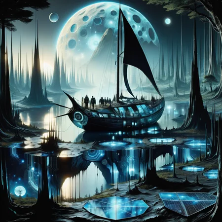 hyper detailed masterpiece, dynamic, awesome quality,DonMT3chW0rldXL woodland, lunar surface,cave resonance,sailboat <lora:DonMT3chW0rldXL-000009:1>,