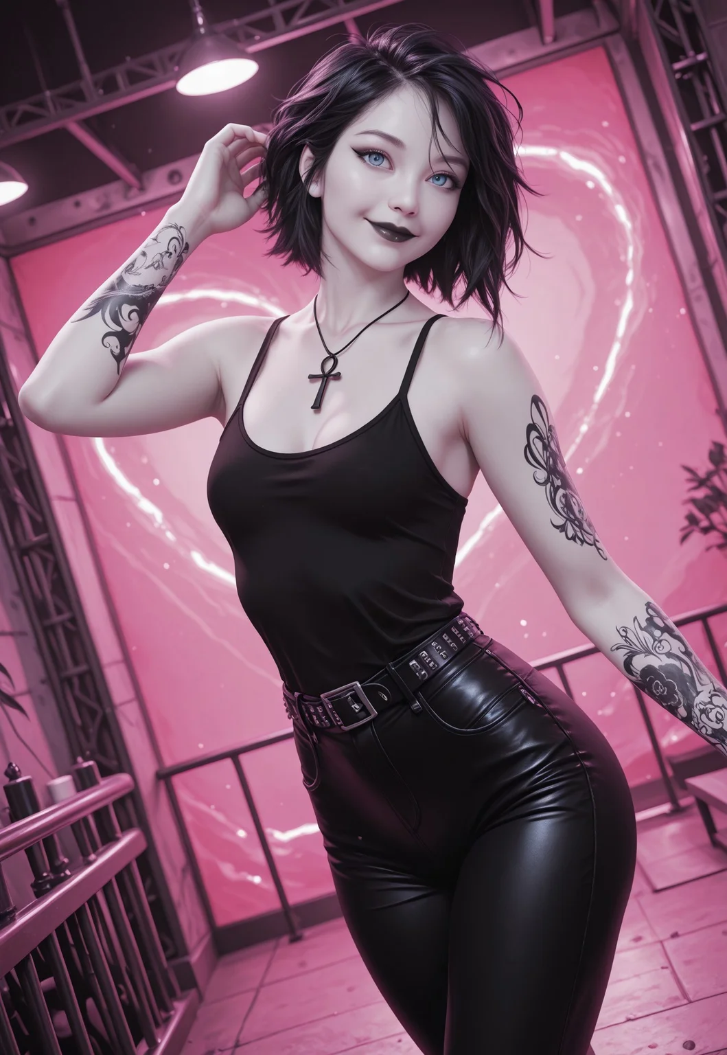 (masterpiece:1.4), (best quality:1.3), (very aesthetic:1.2), (hyperdetailed:1.05), 8k, ultra-HD, newest, depth of field, (realistic), highres, newest, dramatic angle, dynamic pose,
cinematic composition,
1girl, looking at viewer, perfect fingers, pale skin detailed_eyes, subject_focus,
<lora:Riona-PXL:1> Riona-PXL, Riona, riona-tat, tattoo, 3D, asian girl, solo, looking at viewer, black hair,
detailed_eyes, subject_focus, tilted head, makeup, (arm tattoo), small breasts, short hair, messy hair, half asian, ((blue eyes)), black lips, perfect face, perfect eyes, cinematic lighting, detailed skin, detailed hair, detailed eyes, absurdres, photo, photorealistic, ethereal atmosphere, cinematic composition, confident posture, cleavage, ((pale skin)),
<lora:Death of the EndlessilluLoRA:1>dethofend, white skin, black hair, ankh necklace, tank top, belt, pants, smile, dancing,
off shoulders, black leather pants, studded belt,
(dimly lit),(((monochrome:1.5, black and white))),
(((black, pink, white, Limited Palette, monochromatic colors)))
arm tattoo, 1girl, in Paris,