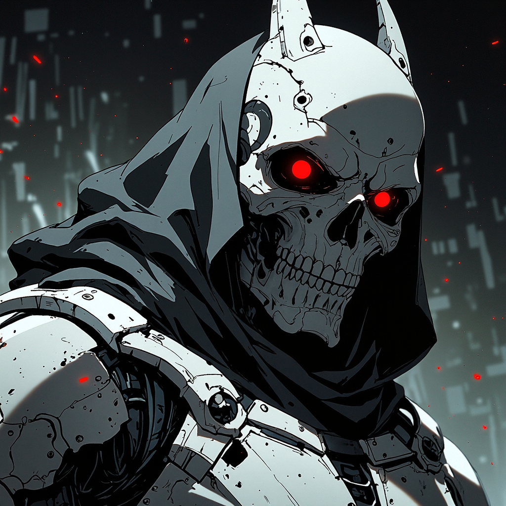 animeniji, anime, niji, 2D flat anime, (off-center composition, dynamic left aligned composition),  a black and white robot with red eyes, artstyle andree wallin, hooded skull, spectres, assassin, skull on the chest, highly detailed character, ((skull)), machine revolution, black mask, morphing skulls, male cyborg military commander, no face, highly detailed, 