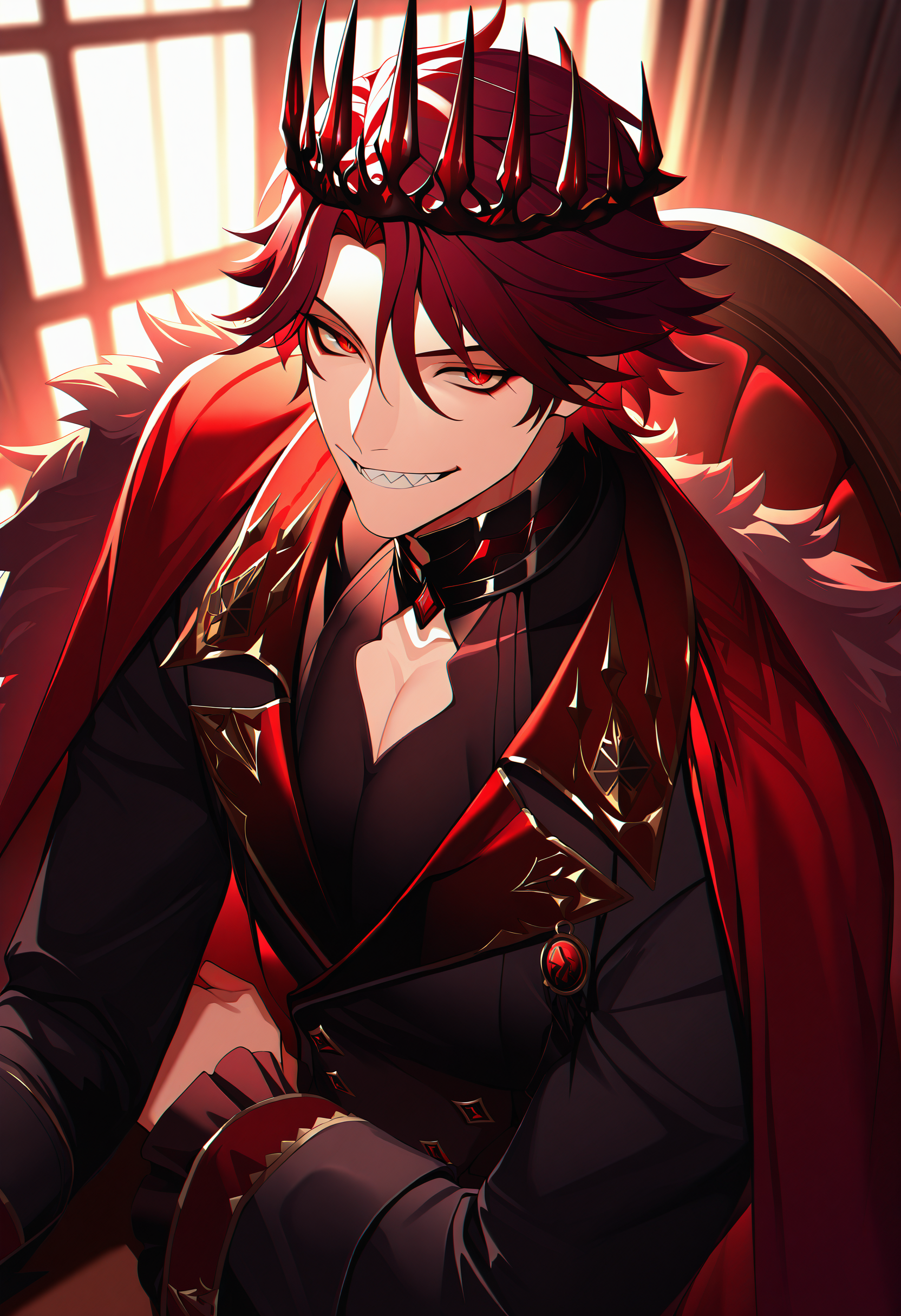 jurard t rexford, male focus, 1boy, red hair, red eyes, solo, window, crown, looking at viewer, sharp teeth, long sleeves, hair between eyes, indoors, sitting, fur-trimmed cape, chair, grin, upper body, table, black jacket, red cape, frilled sleeves, black shirt, jewelry, parted bangs,
window shade, dappled sunlight, from above,
masterpiece, best quality, very aesthetic, absurdres
<lora:holostars_allmems_illustrious_v1:1>
<lora:illustrious_noobai_epsilon_pred_1_masterpieces_v1:1>