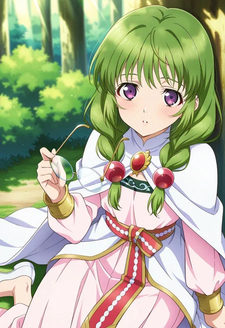 detailed eyes, beautiful, detailed background, perfect eyes,
source_anime, very aesthetic, anime coloring, masterpiece, official art,
<lora:HandFineTuning_XL:1>
BREAK,
forest, blurry background, light, flowers,
sitting, looking at viewer, holding glasses in hand, blush,
cowboy shot, from above, parted lips,
BREAK,
<lora:philia_illustrious_v02:0.95>
todphilia, twin braids, green hair, purple eyes, long hair, hair bobbles, shoulder hair,
half wing brooch, light pink dress, long dress, long sleeves, white cape, white waist cape, jewelry, red waist ribbon, green pattern,
white footwear, flat shoes, no socks,