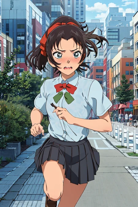 kazuhatv,1girl,solo,short hair,hair ribbon,ponytail,small breasts,school uniform, pleated skirt,nose blush,sky, street,cityscape, running,
<lora:kazuhatv:0.8>