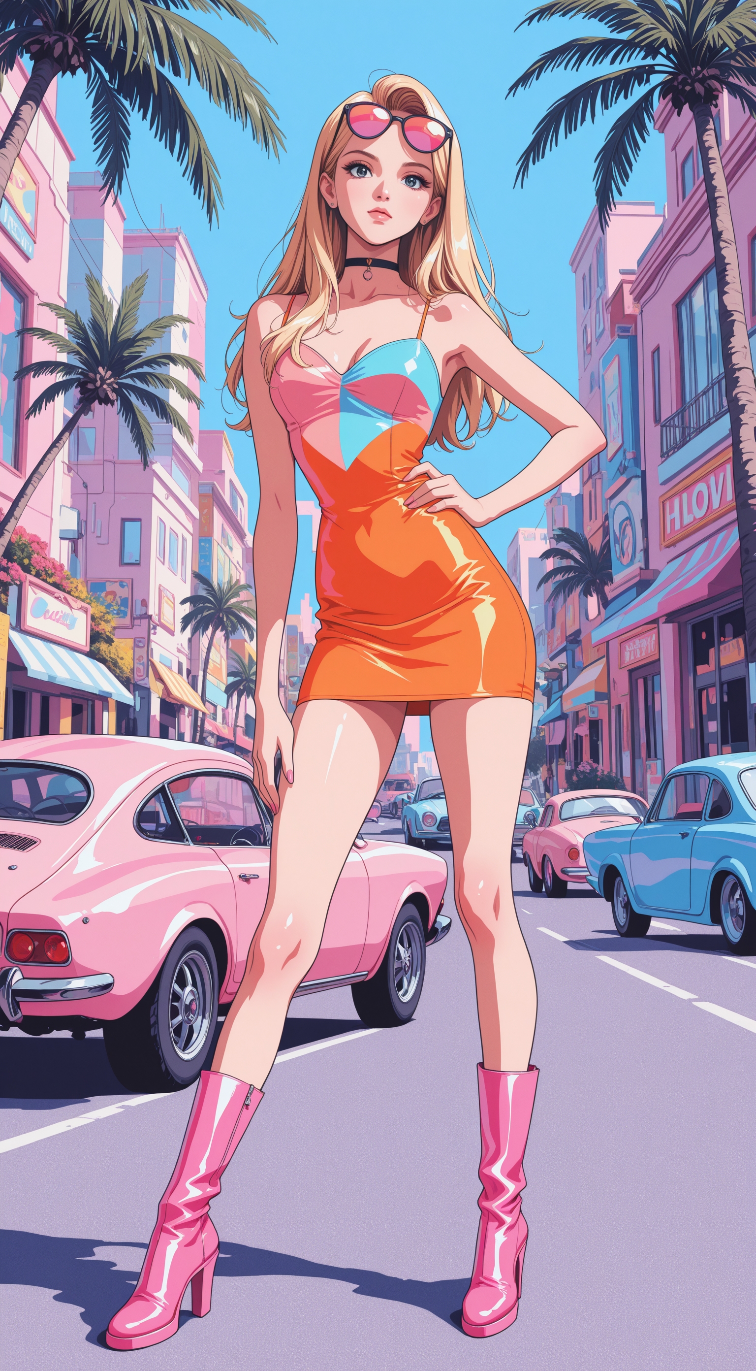 masterpiece, best quality, 8k, highres, anime coloring, pastel colors, vibrant colors, neon aesthetic, 90s miami aesthetic, 1girl, solo, long hair, blonde hair, black highlights, windswept hair, hair behind ear, loose hair strand, pink sunglasses, choker, neon dress, orange dress, short dress, tight dress, sleeveless dress, pink boots, high heel boots, fashionable, posing, hand on own hip, urban, palm trees, street, daytime, sunny, clear sky, pastel buildings, retro car, colorful, bright lighting, high contrast, fashion shoot, fashion model, summer, looking at viewer, eye-level view