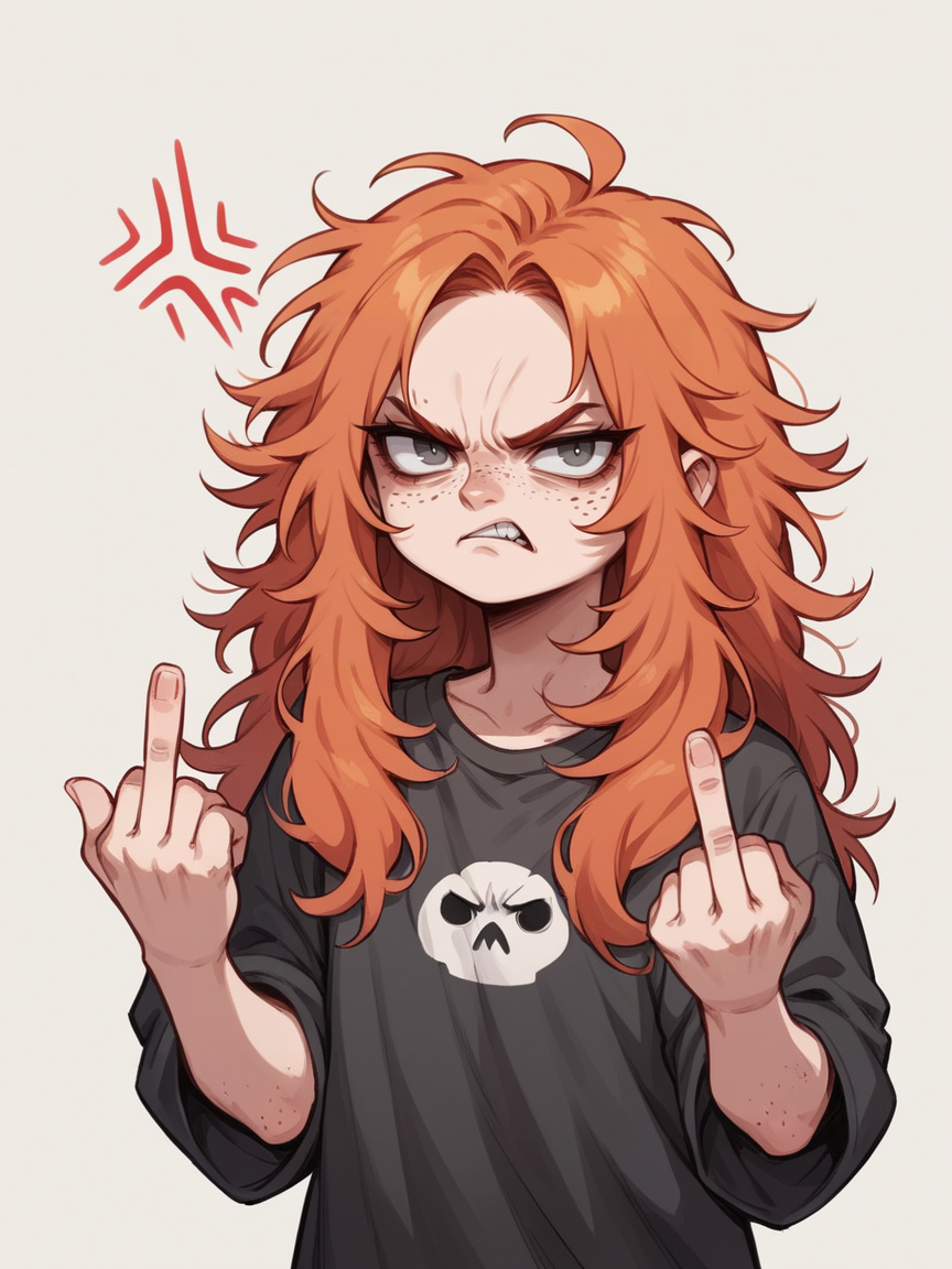 score_9, score_8_up, score_7_up, score_6_up, <lora:3m0t3XLP:1>3m0t3, ginger hair, middle finger, angry, grumpy, 1girl, freckles, grey eyes, long hair, Fr3ckles, <lora:Fr3ckledXLP:0.2>