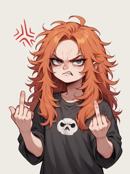 score_9, score_8_up, score_7_up, score_6_up, <lora:3m0t3XLP:1>3m0t3, ginger hair, middle finger, angry, grumpy, 1girl, freckles, grey eyes, long hair, Fr3ckles, <lora:Fr3ckledXLP:0.2>