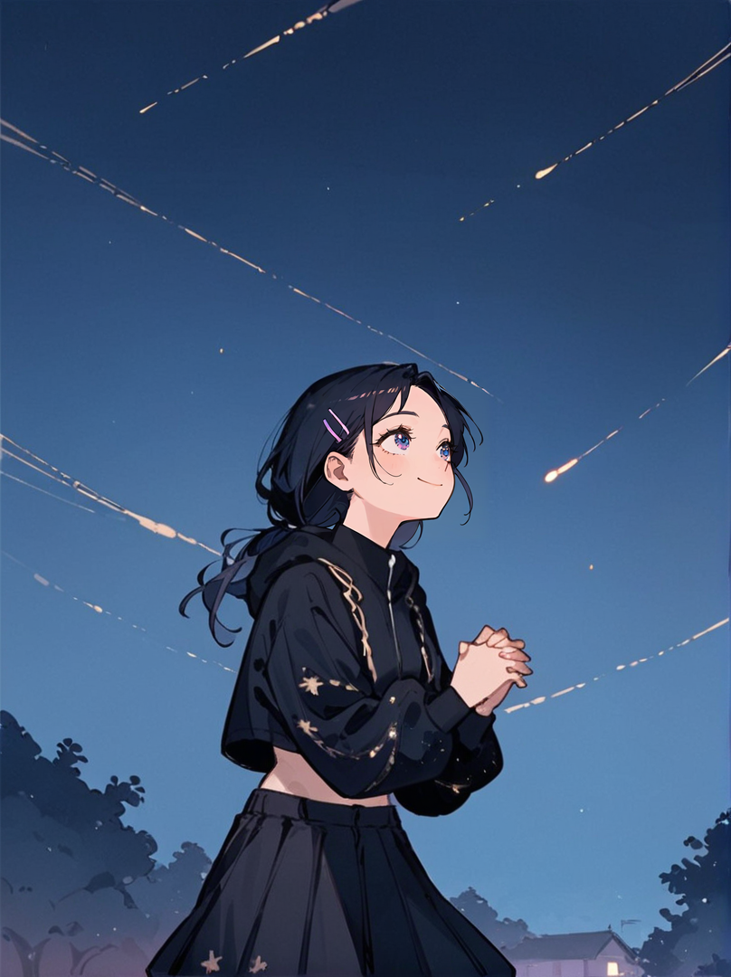 score_8_up, score_7_up, score_6_up, source_anime, 1girl, solo, night sky, outdoors, sky, 
looking up, hands clasped together
smile, 
cropped hoodie,
black skirt <lora:Starry_Hoodie-000004:1>