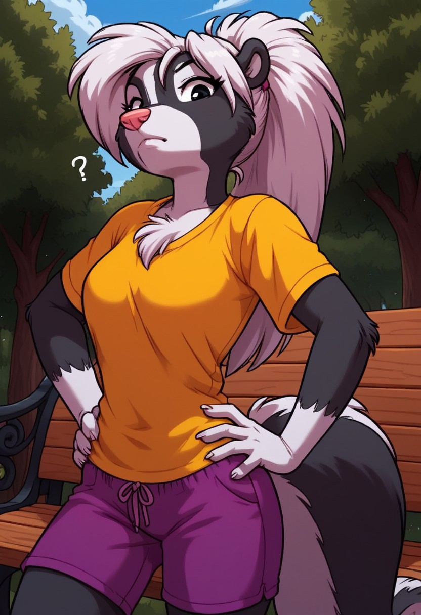 score_7, score_8, score_9, dynamic lighting, detailed background, background is park, benches, trees, walkway, clouds, sunny, glowing, close up, cowboy shot
BREAK 
Solo, 1 female, single female, anthro, furry female, female skunk, Tabitha Skunk, short, white black, long hair, (white hair), pink animal nose, black eyes, (skunk tail), feet claws, chest fur tuft, ((white cheeks))
BREAK 
standing, looking at viewer, confused look, purple shorts, yellow t shirt, hands on hips