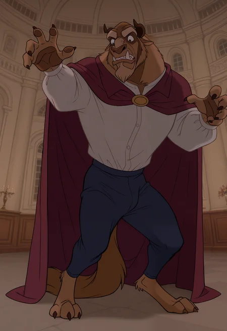 masterpiece,best quality,amazing quality, 1boy, solo, b34st, furry, red cape, white shirt, dark blue pants, tail, full body, mansion,