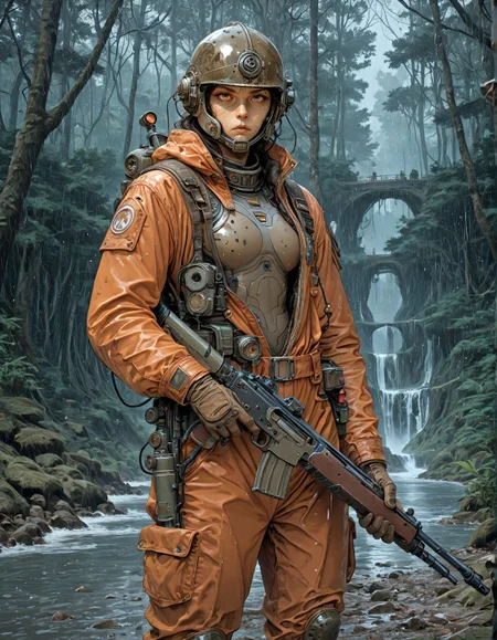 masterpiece, best quality, amazing quality, very aesthetic, absurdres, newest, f4ntcmc, cowboy shot, 1girl, solo, brown eyes, jumpsuit, helmet, serious, holding rifle, scenery, swamp, water, watercraft, science fiction, surreal, <lora:FantasyComics-000025:0.85>