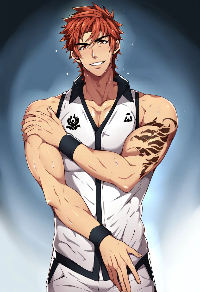 score_9,score_8_up,score_7_up,1boy,solo,bara,male focus,fairly nsfw,uncersored,highres,best quality,amazing quality,best aesthetic,absurdres,<lora:add-detail-xl:1>,tennis_uniform,standing,holding hat,looking at viewer,sweat,parted lips,<lora:kovit:1>,kovit