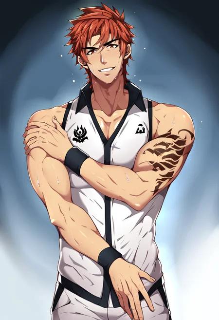 score_9,score_8_up,score_7_up,1boy,solo,bara,male focus,fairly nsfw,uncersored,highres,best quality,amazing quality,best aesthetic,absurdres,<lora:add-detail-xl:1>,tennis_uniform,standing,holding hat,looking at viewer,sweat,parted lips,<lora:kovit:1>,kovit