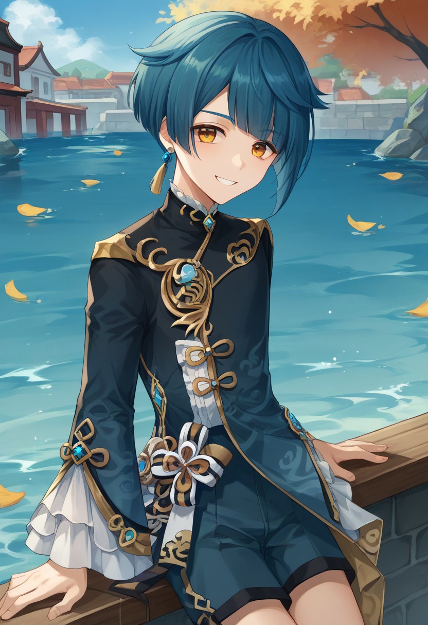 score_9, score_8_up, score_7_up, source_anime, highly detailed, 
Xingqiu, 1boy, male focus, solo, dark blue hair, bangs, short hair, yellow eyes, jewelry, earrings, single earring, tassel earrings, tassel, chinese clothes, coat, blue coat, frills, shirt, frilled shirt collar, frilled sleeves, long sleeves, wide sleeves, shorts, blue shorts, vision (genshin impact), water, water spell, smile,
outdoor, building, oriental,