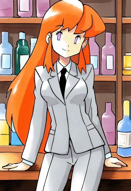 ict style,watercolor \(medium\),1girl, solo,cowboy shot, purple eyes, no pupils, long hair,grey suit,grey jacket, white collared shirt,grey pants, black necktie,medium breasts,indoors,bar,neon sign,shelf,bottle, smile,sitting, contrapposto,orange hair,,masterpiece, best quality, amazing quality, very aesthetic, absurdres <lora:KenSugimoriIllus:1>