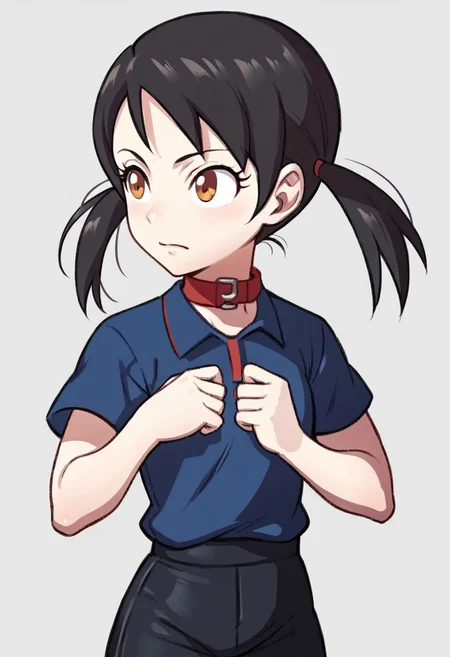 score_9, score_8_up, score_7_up, source_anime BREAK 1girl, solo, awakeningportraits, portraits, white background, plum,blue shirt, polo shirt, red collar, shorts,black hair,short twintails, simple background