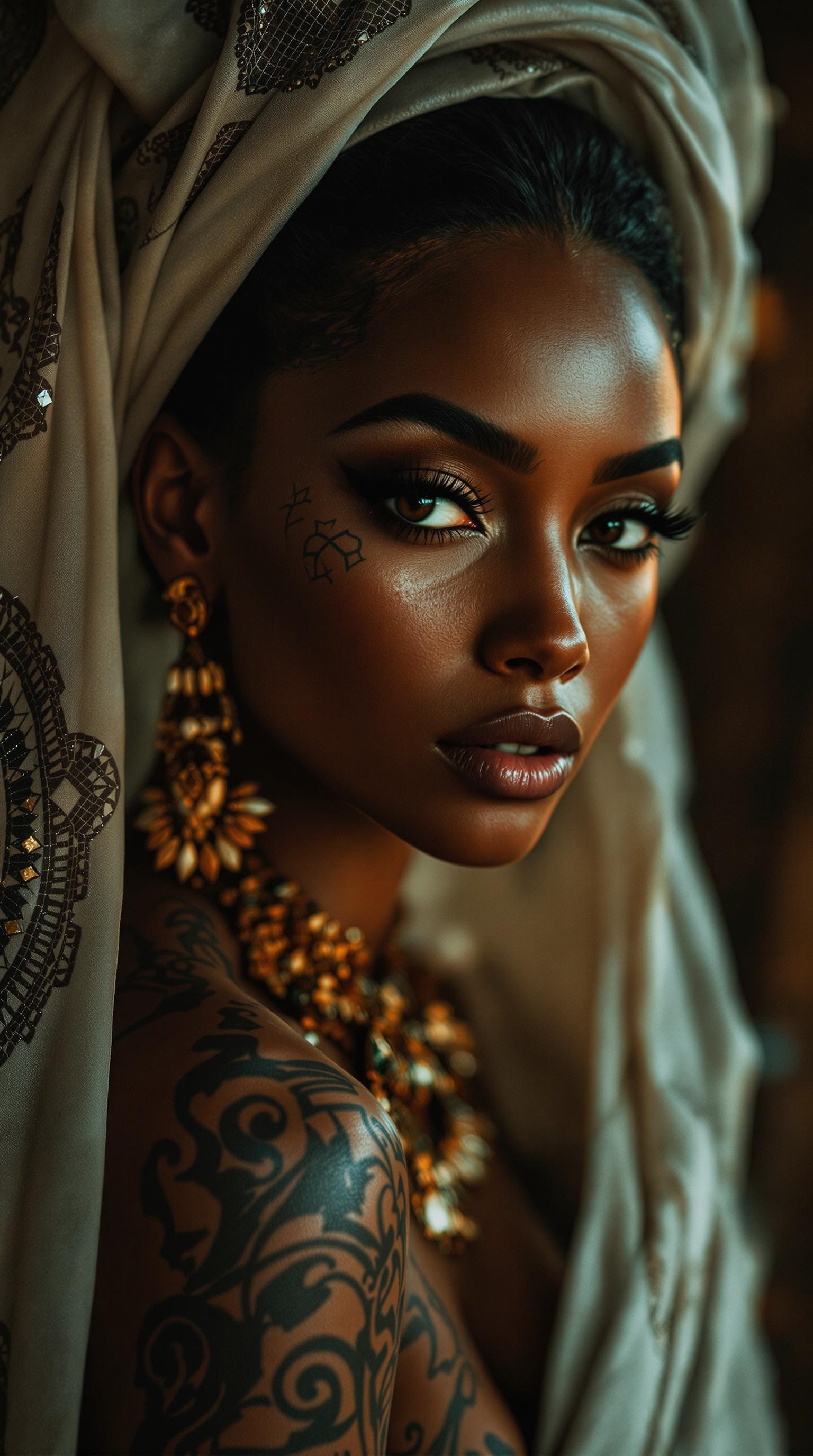 low-key photography, Nubian queen, a beautiful tan woman with tattoos