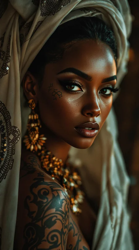 low-key photography, Nubian queen, a beautiful tan woman with tattoos