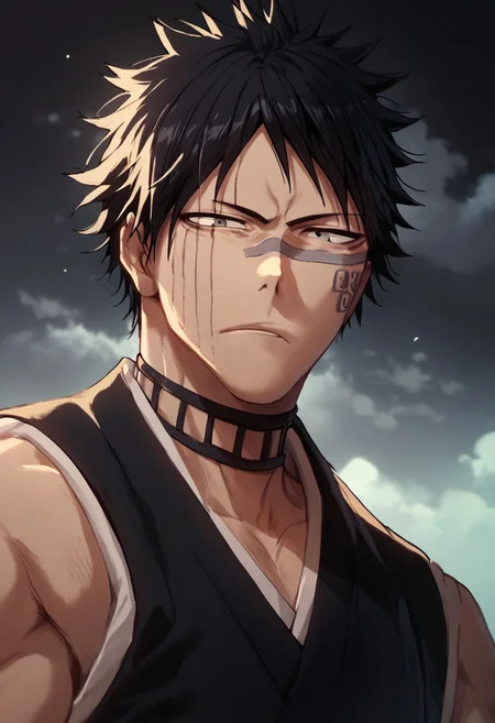 score_9, score_8_up, score_7_up, score_6_up, score_5_up, score_4_up, HisagiShuhei69, 1boy, face close-up, black sleeveless Kimono, dark clouds
