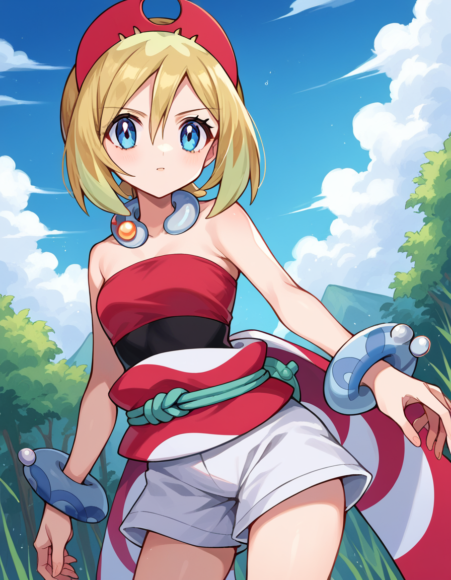 score_9, score_8_up, score_7_up, source_anime,
pokemonirida, <lora:pokemon-irida-ponyxl-lora-nochekaiser:1>
pokemonirida, blonde hair, blue eyes, hair between eyes, medium hair,
bracelet, hat, jewelry, neck ring, red headwear, red shirt, sash, shirt, shorts, strapless, strapless shirt, waist cape, white shorts,
outdoors, nature,
looking at viewer, cowboy shot, dutch angle,