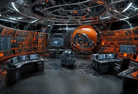 sci-fi data hacking center, multiple projected screens, planet blueprint on screens, orange color only while the rest are grey, hacking theme, computers around, server racks around, giant sci-fi computer in the middle, data storages, low camera angle