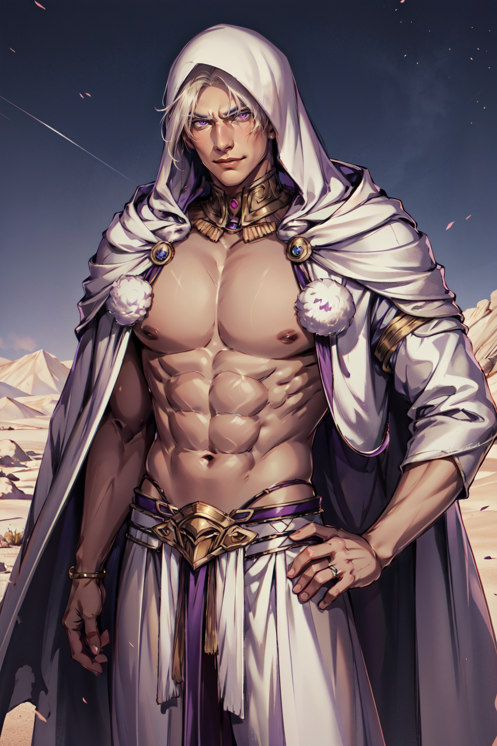 1male, solo, muscular male, platinum_blond_hair, purple eyes, angry smile, dressed in a white fluffy coat, head covered by a hood, desert background, amen <lora:Amen_KP:1>