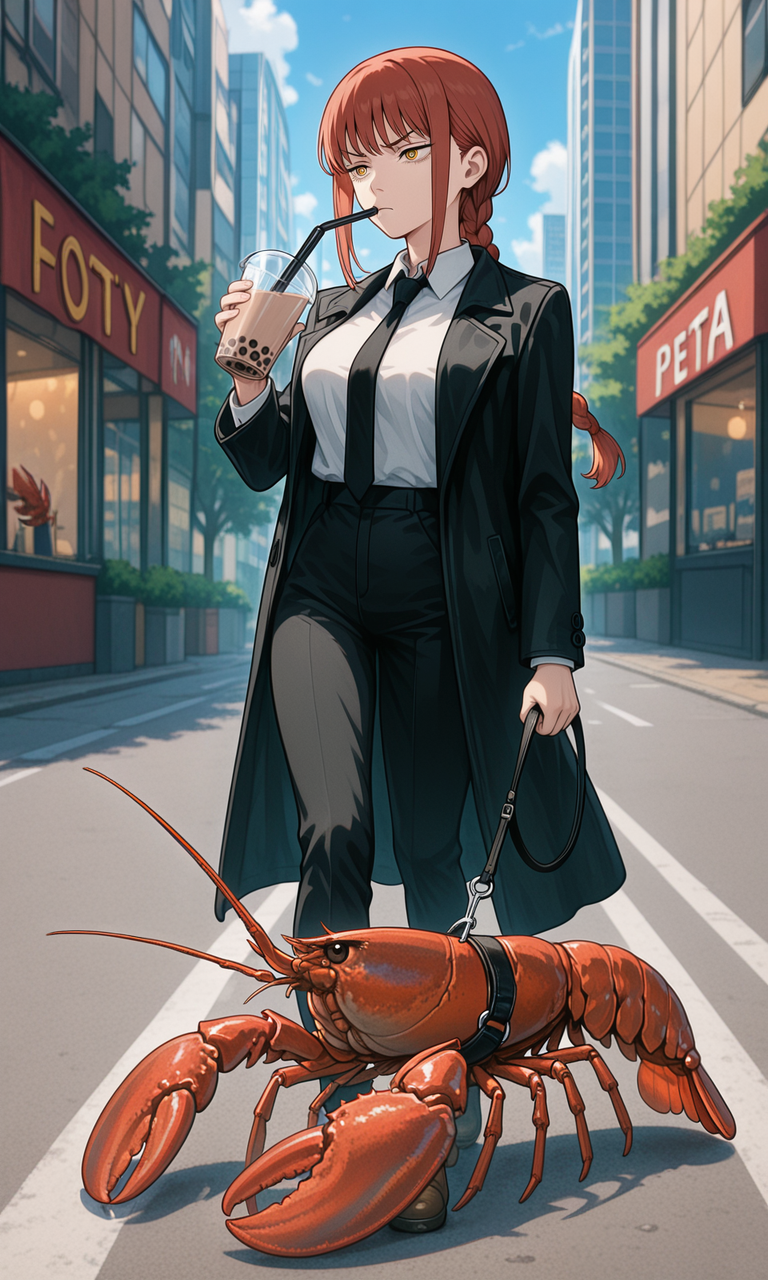 embedding:IllusP0s, pet lobster, holding leash, full body, makima_\(chainsaw_man\), annoyed, drinking bubble tea, outdoors,<lora:pet lobster, holding leash, full body_illustrious.safetensors:1:1>