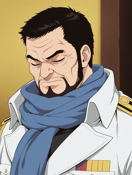 masterpiece, best quality, amazing quality, 1 boy, male focus, solo, Issho, upper body, uniform, facial hair, short hair, parody, beard, scarf, military, closed eyes