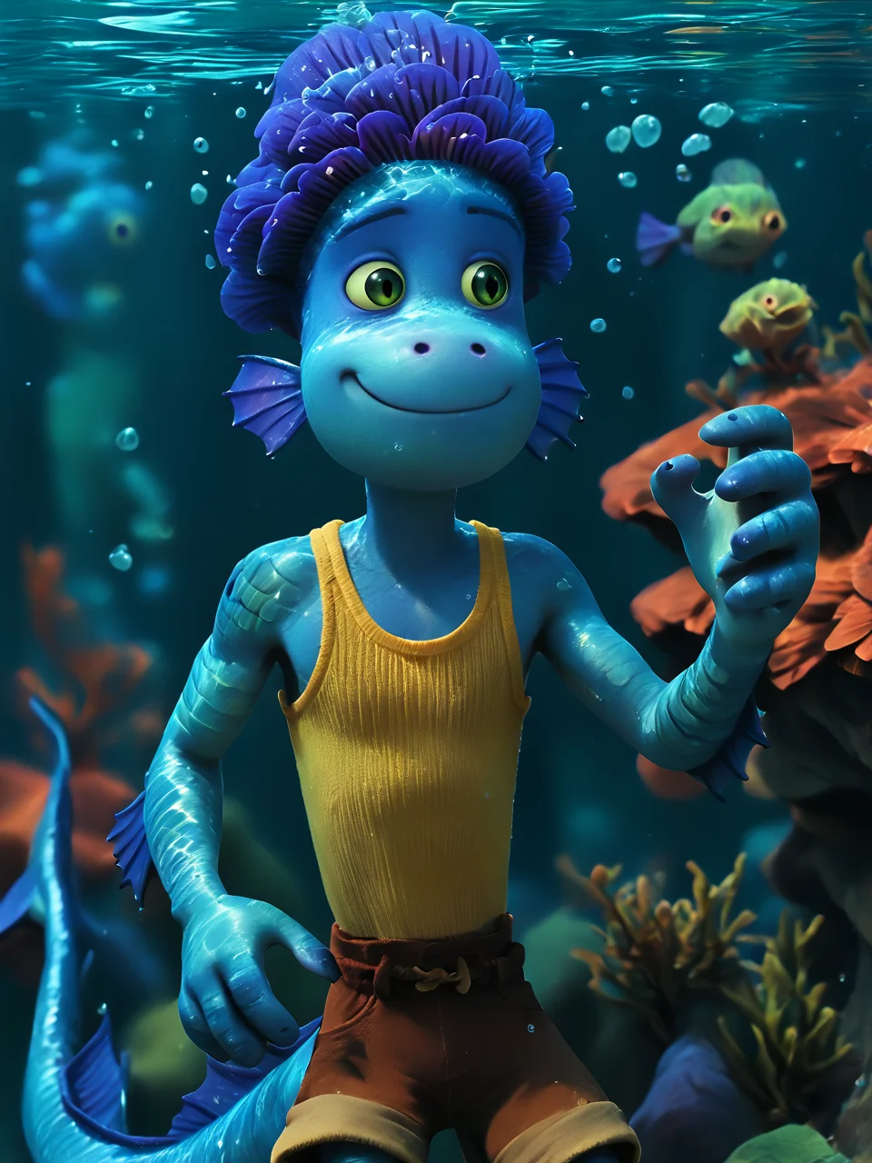 score_9, score_8_up, score_7_up, score_6_up, BREAK, monstralberto, 1boy, solo, closed mouth, smile, tank top, night, underwater, swimming, tail, brown shorts, natural light <lora:MonsterAlberto:1> d3t41l3d <lora:d3t41l3dXLP:1>
