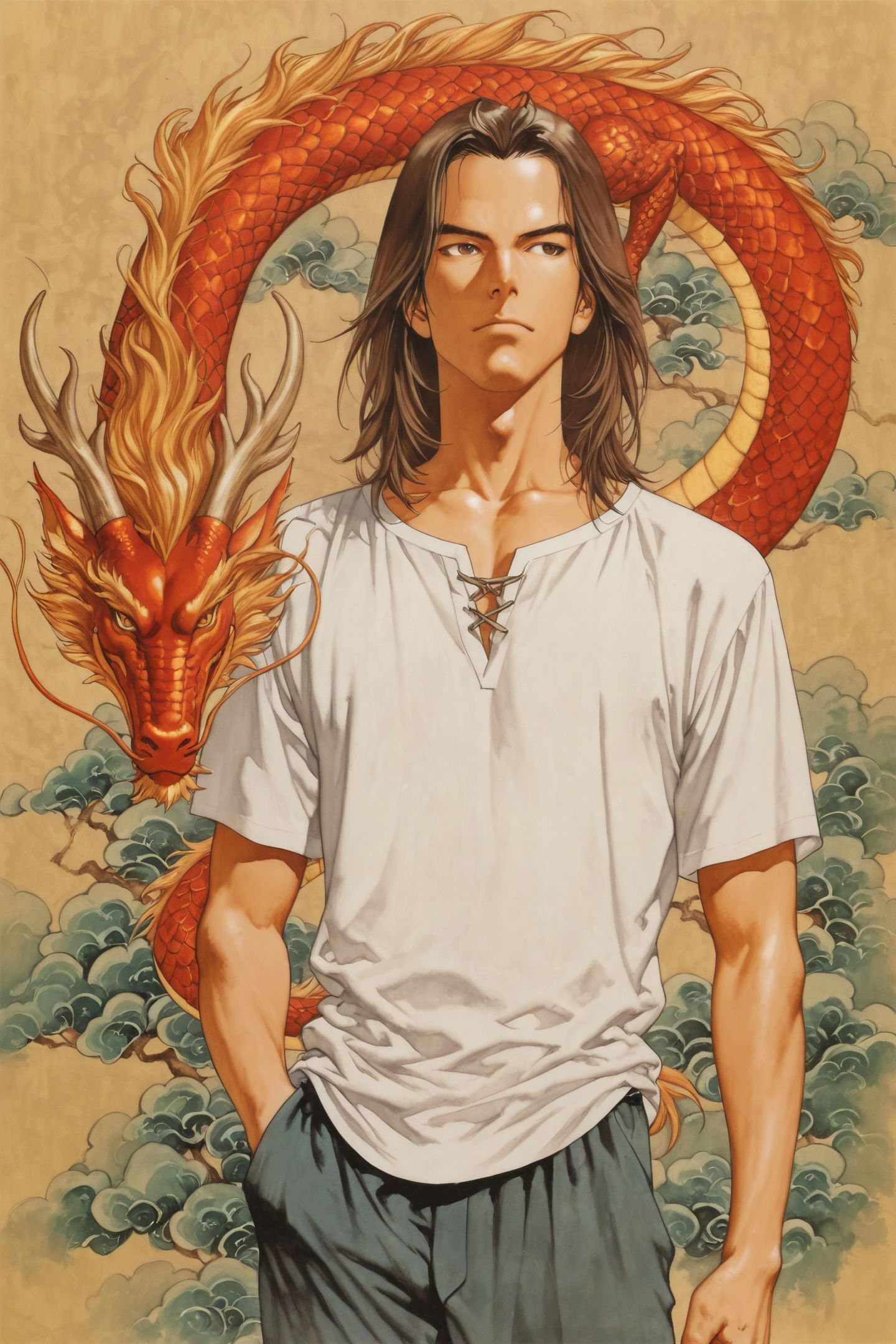1boy,male focus,red dragon,eastern dragon,solo,shirt,phoenix,brown hair,pants,traditional media,
<lora:Akihiro Yamada_illustriousXL:1.5>,