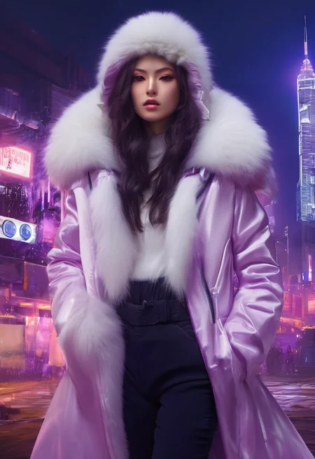 lavender-white eyes,(featureless eyes:1.3),dark blue eyes,lavender clothing,white clothing,fur trim clothing,dark blue clothing,<lora:cwhyberponk:1>,cwhyberponk,science fiction,cyberpunk,fantasy,city,street,