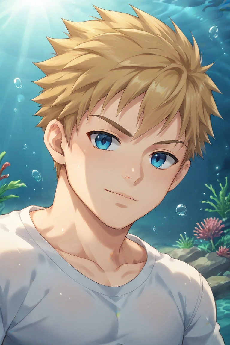 score_9, score_8_up, score_7_up, source_anime, rating_safe, , anime screencap, anime coloring, official style, looking at viewer, , 1boy, solo, male focus, <lora:connor_bleufin_pony:0.96>, connor_bleufin, blonde hair, blue eyes, short hair, spiked hair, , , underwater palace, shell throne, bubble halls, coral courts, royal pose, dignified expression, aqua lighting, , <lora:sdxl_lightning_8step_lora:1>
