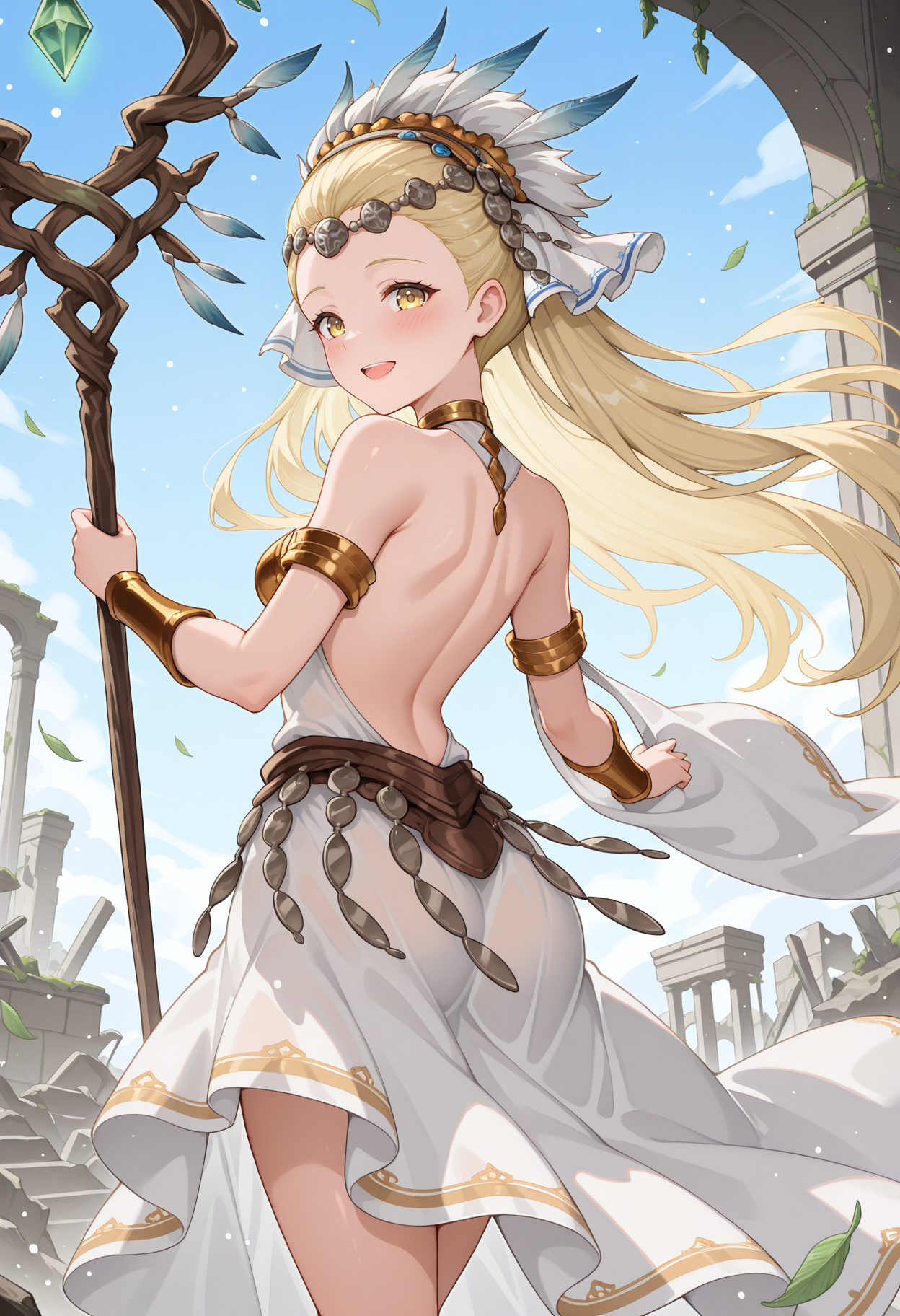 highres, best quality, masterpiece, outdoors, ruins, blue sky,
1girl, solo, gbfpetra, long hair, blonde hair, yellow eyes, circlet, feathers, headdress, hair ornament,
gpetdef, white dress, revealing clothes, halterneck, backless outfit,  bare shoulders, dancer, armlet, detached sleeves, wide sleeves, bracer, jewelry, high-low skirt, 
looking at viewer, blush, smile, open mouth, 
standing, from behind, 
holding staff, falling leaves, wind, light particles, dynamic pose, 
<lora:_petra_gbf-elesico-ilxl:1>