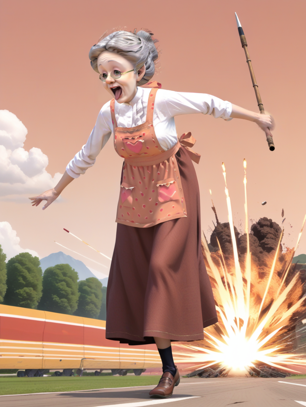 score_9, score_8_up, score_7_up, score_6_up, uncensored,  source_anime, rating_safe,anime screencap,
BREAK,
solo,
 <lora:vgrandmother:0.8>,vgrandmother, old woman, apron, long skirt, shirt, old,
short legs,
happy, ,open mouth, open eyes,
line art,
<lora:Superspeed:1>,running,  motion blur, 
open mouth, tongue out, holding bamboo spear.
battle field,explosion,crashing plane,